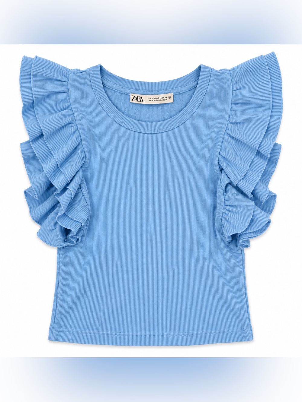 ZARA Women’s Blue Ribbed Ruffle Flutter Sleeve Top Size S Small